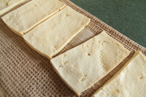 Pressed tofu ready for making a sandwich!